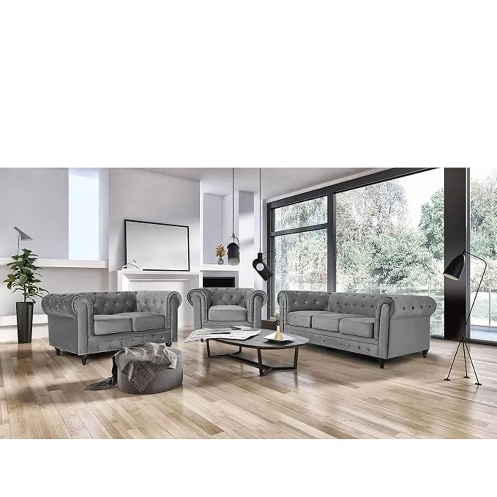 Bliss Furniture Velvet Chesterfield Sofa Suite Armchair 2 & 3 in Grey