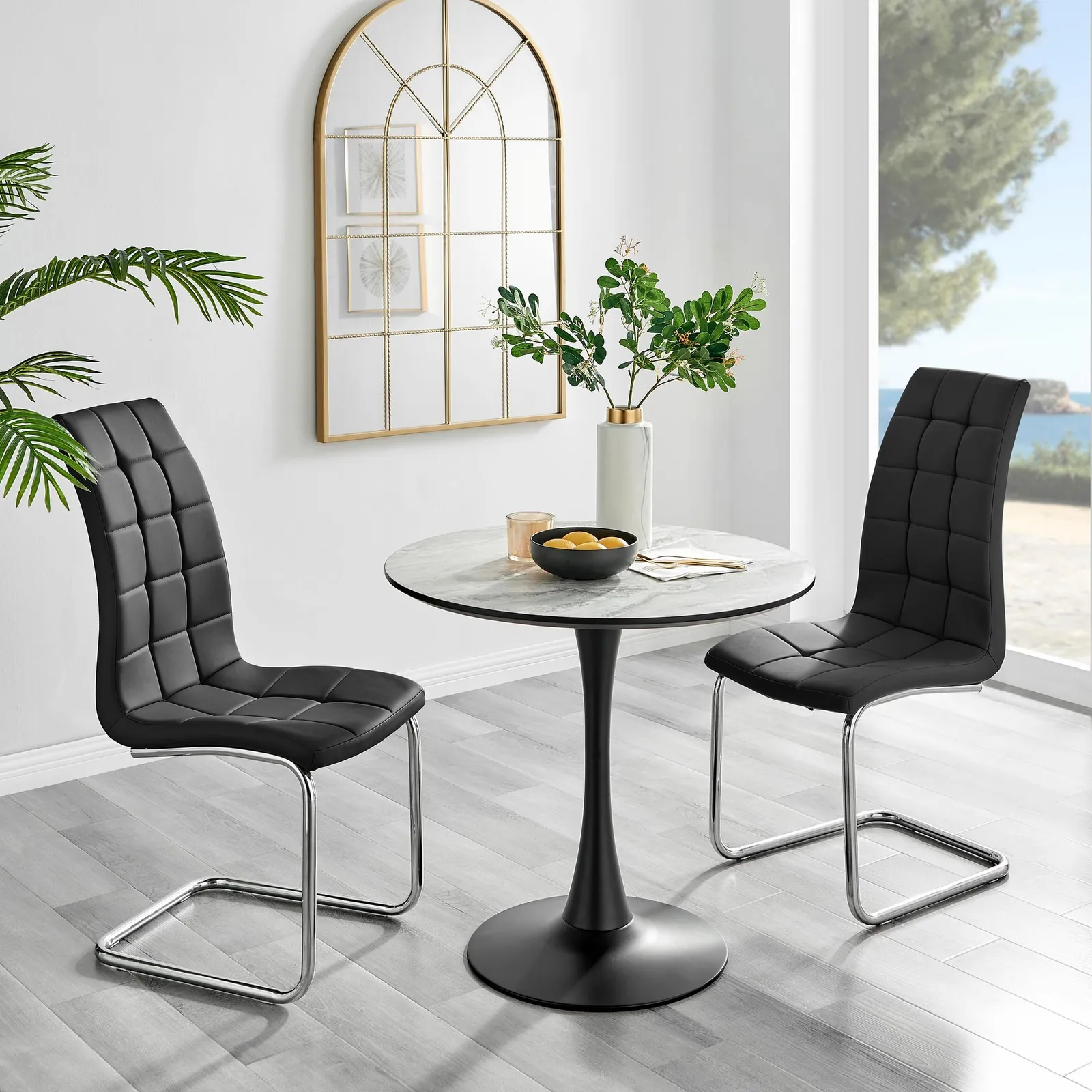 FurnitureboxUK Elina White Marble Effect Scratch Resistant Dining Table & 2 Murano Faux Leather Chairs in Black 1