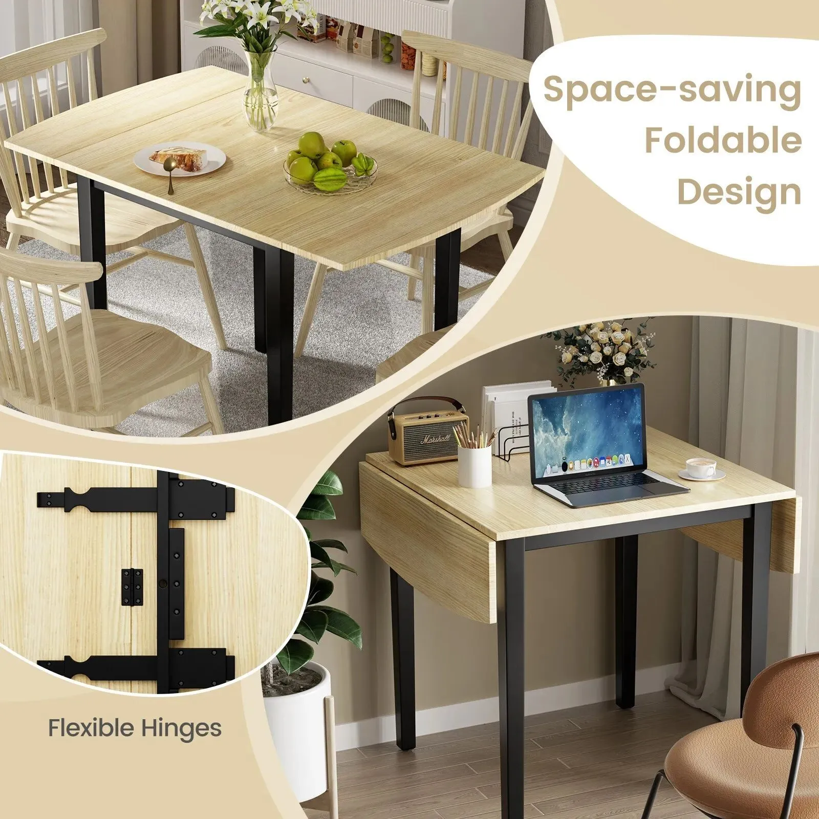 Costway Folding Dining Table Drop Leaf Tables Home Wood Kitchen Table with Foot Pad in Natural 6