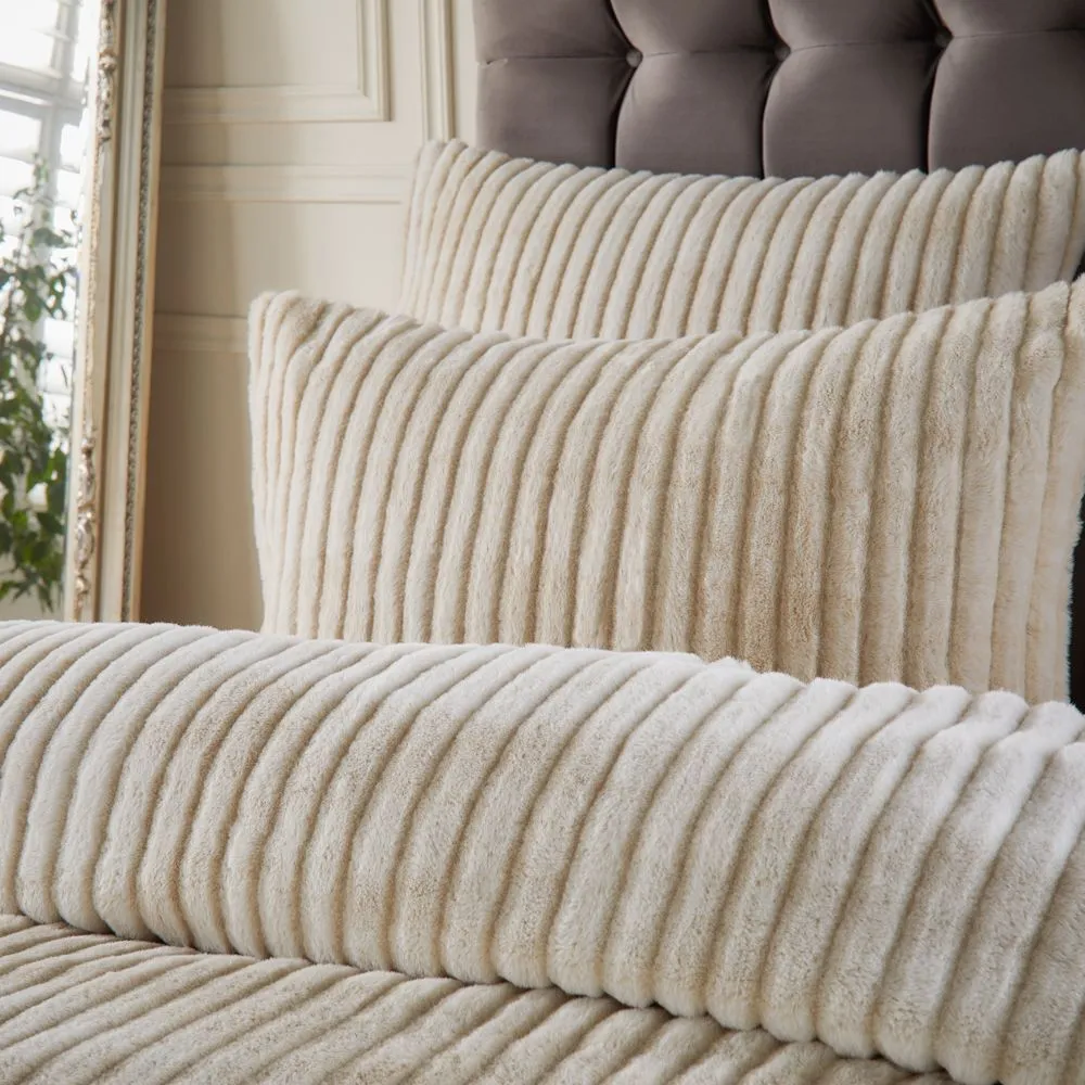 Paoletti Alpine Striped Faux Fur Duvet Cover Set in Light Beige 2