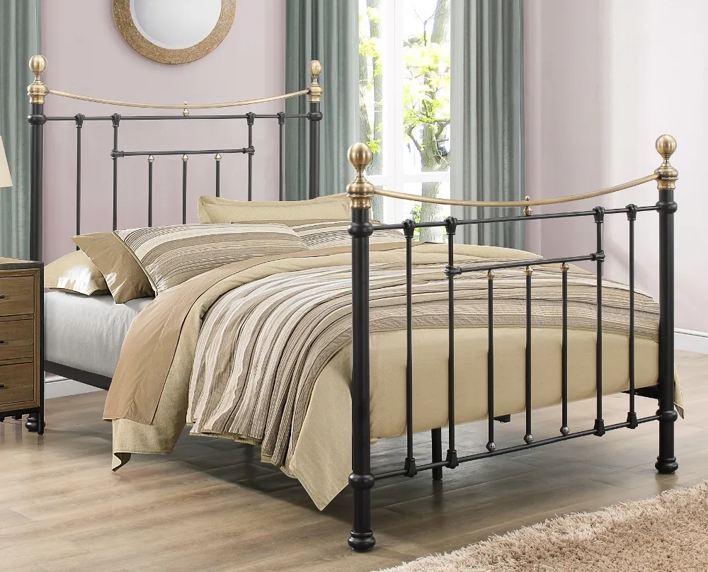 Bronte Double Black Metal Bed Frame - Victorian Style - Brass Finials and Top Rail - 4ft6 - Happy Beds