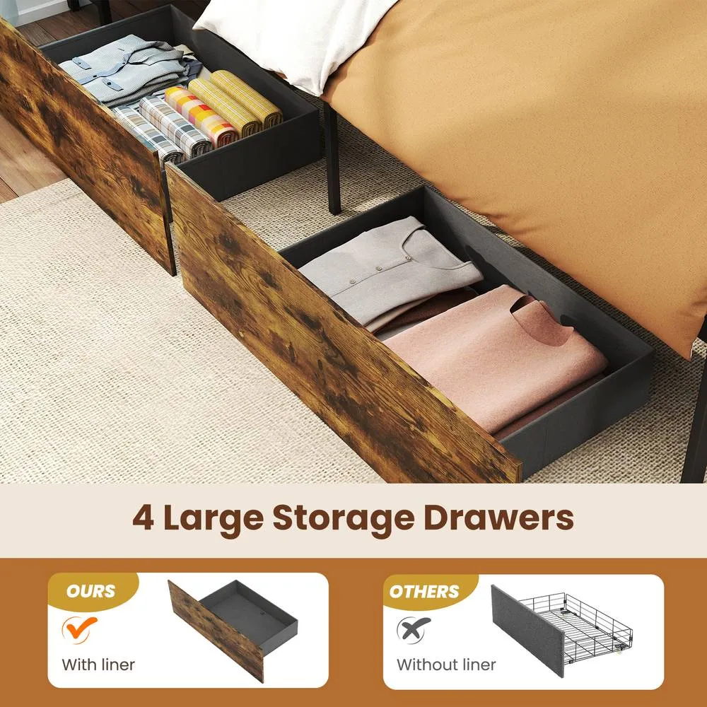 Costway Double Size Bed Frame Platform Bed w/ LED Lights & Charging Station in Brown 4