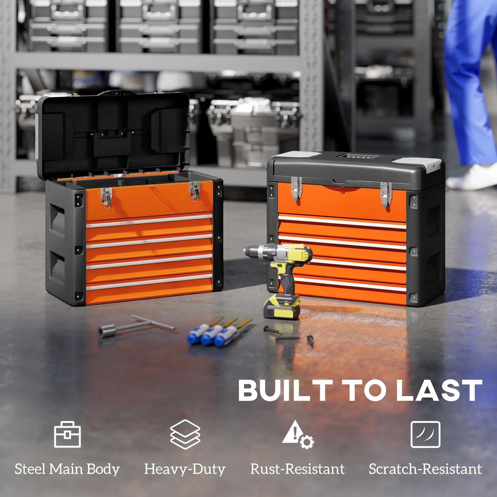 HOMCOM 4 Drawers Large Tool Box, Steel Toolbox with Handle, Orange 5