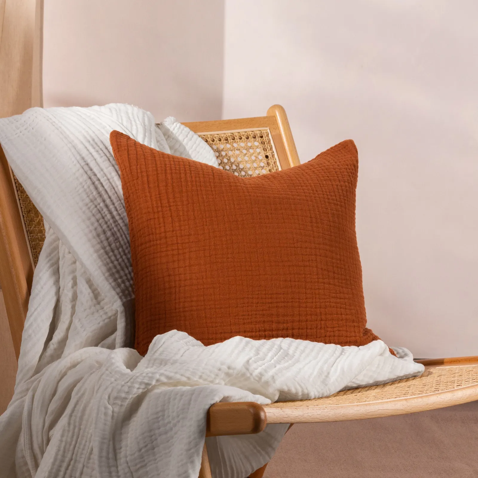 Yard Lark Muslin 100% Cotton Plain Cushion in Burnt Orange 1