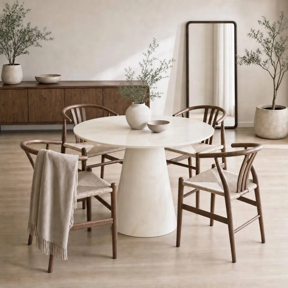 FurnitureboxUK Palma Round Cream Marble Effect Dining Table & 4 Caia Chairs
