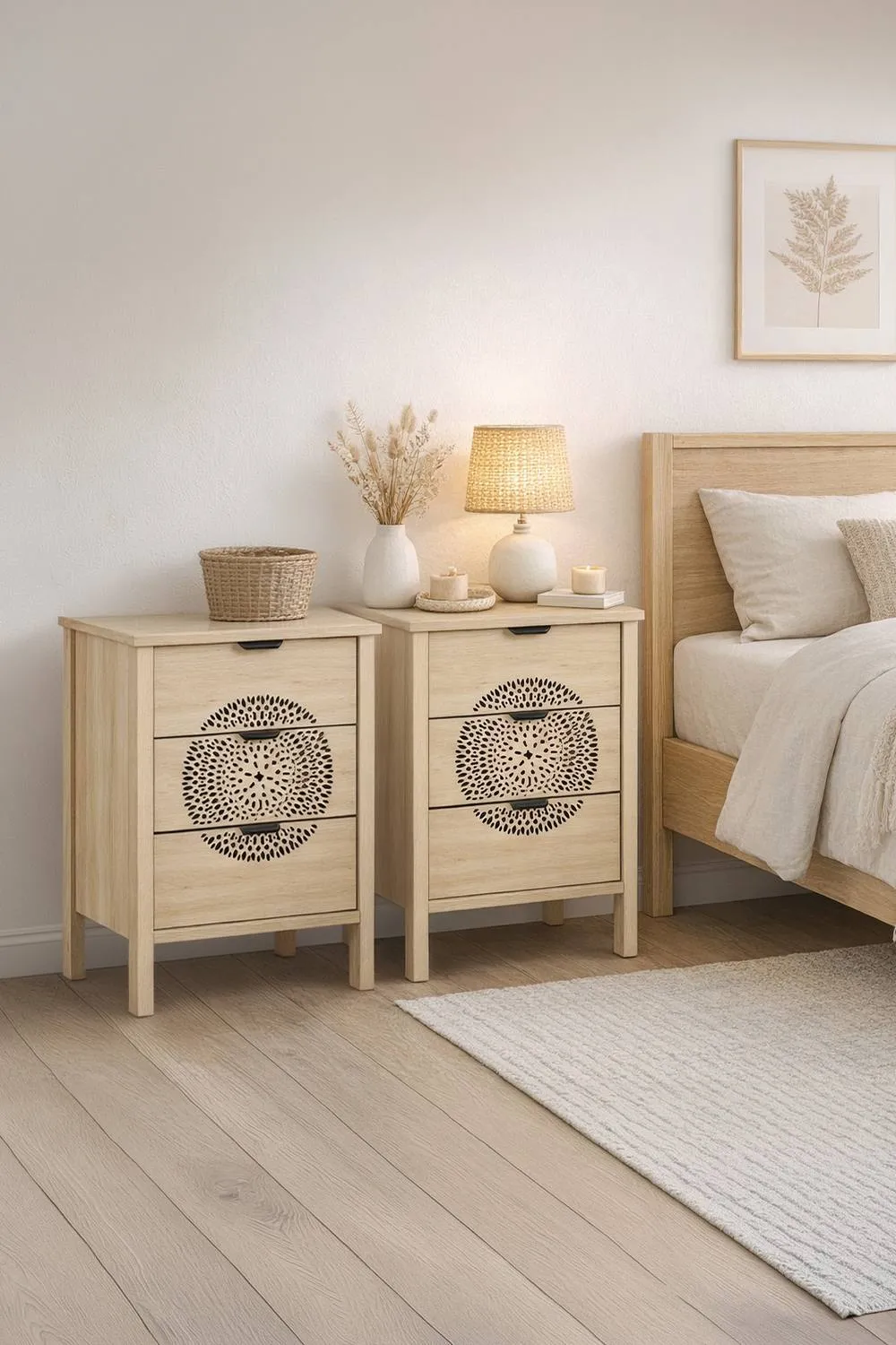 Birlea Pair of Flora 3 Drawer Bedside Cabinet Chest Table Light Oak in Beige