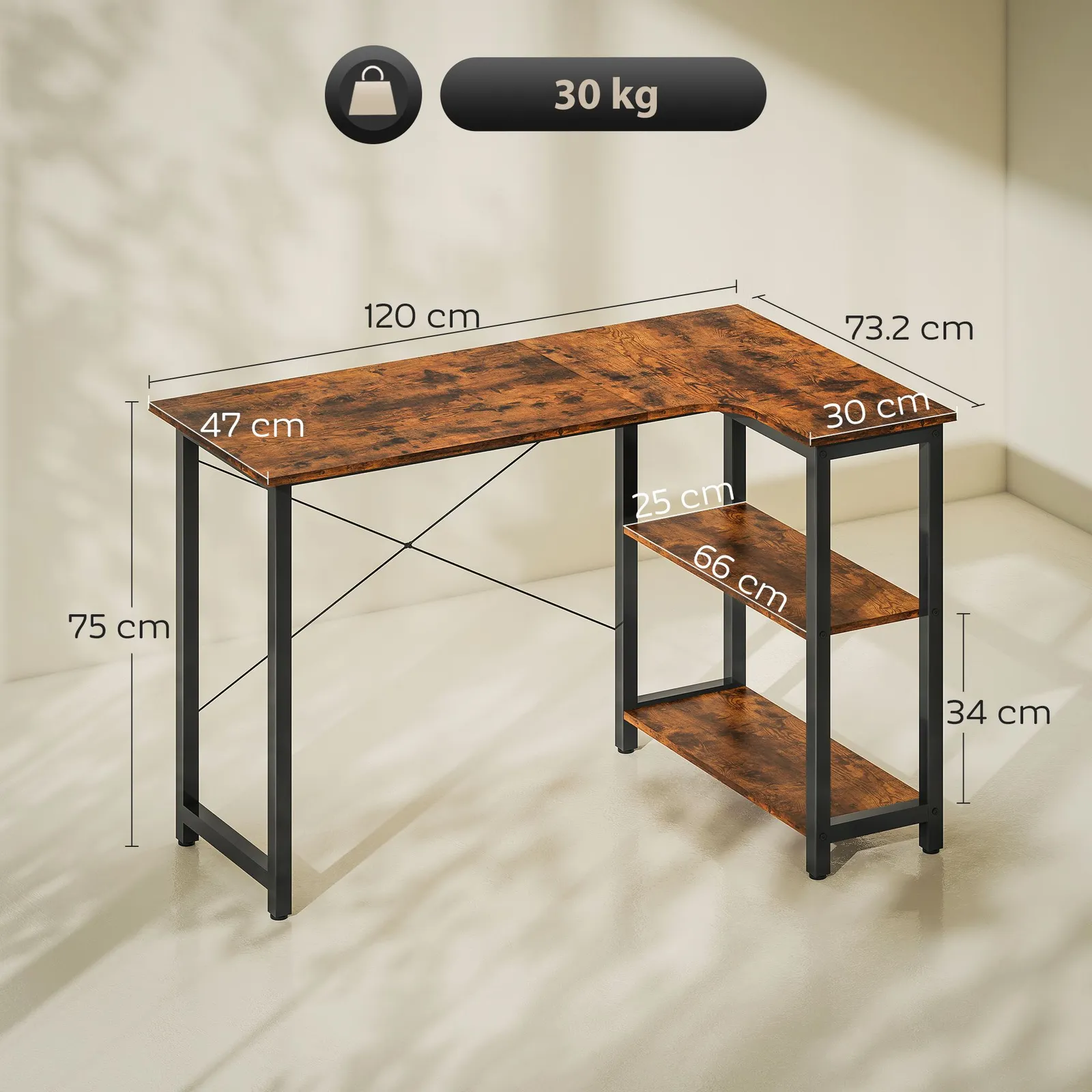 HOMCOM L-Shaped Computer Desk Study Workstation with 2 Shelves, Steel Frame in Brown 3