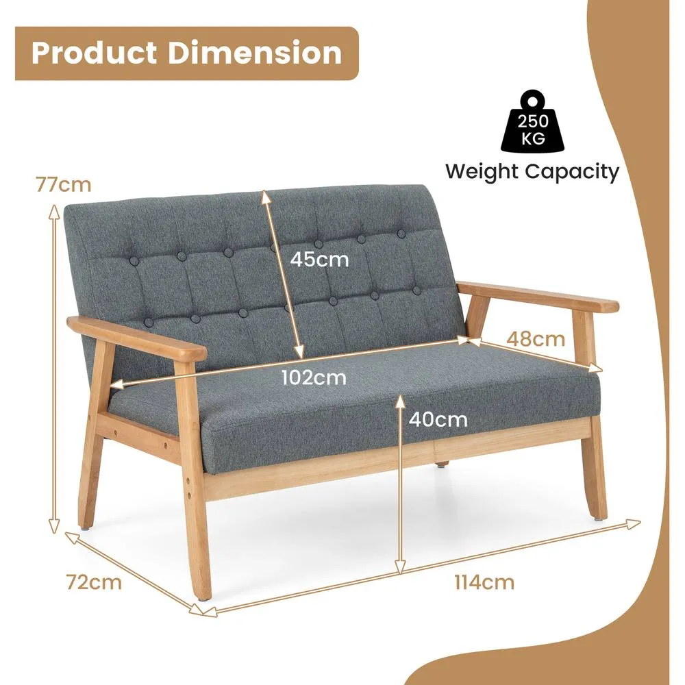 Costway Linen Loveseat Sofa 2-seat Cushioned Couch with Rubber Wood Frame-Grey in Grey 5