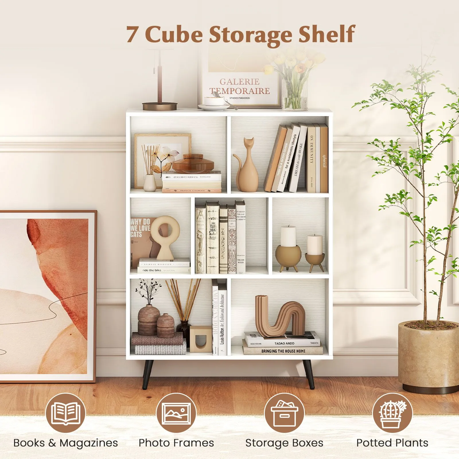 Costway 7-Cube Bookcase Mid Century Modern Storage Organizer in White 4