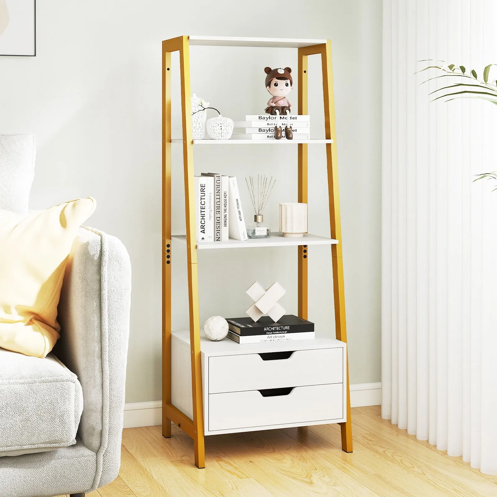 Costway Ladder Bookshelf Tall Freestanding Display Rack with Storage-White in White 4