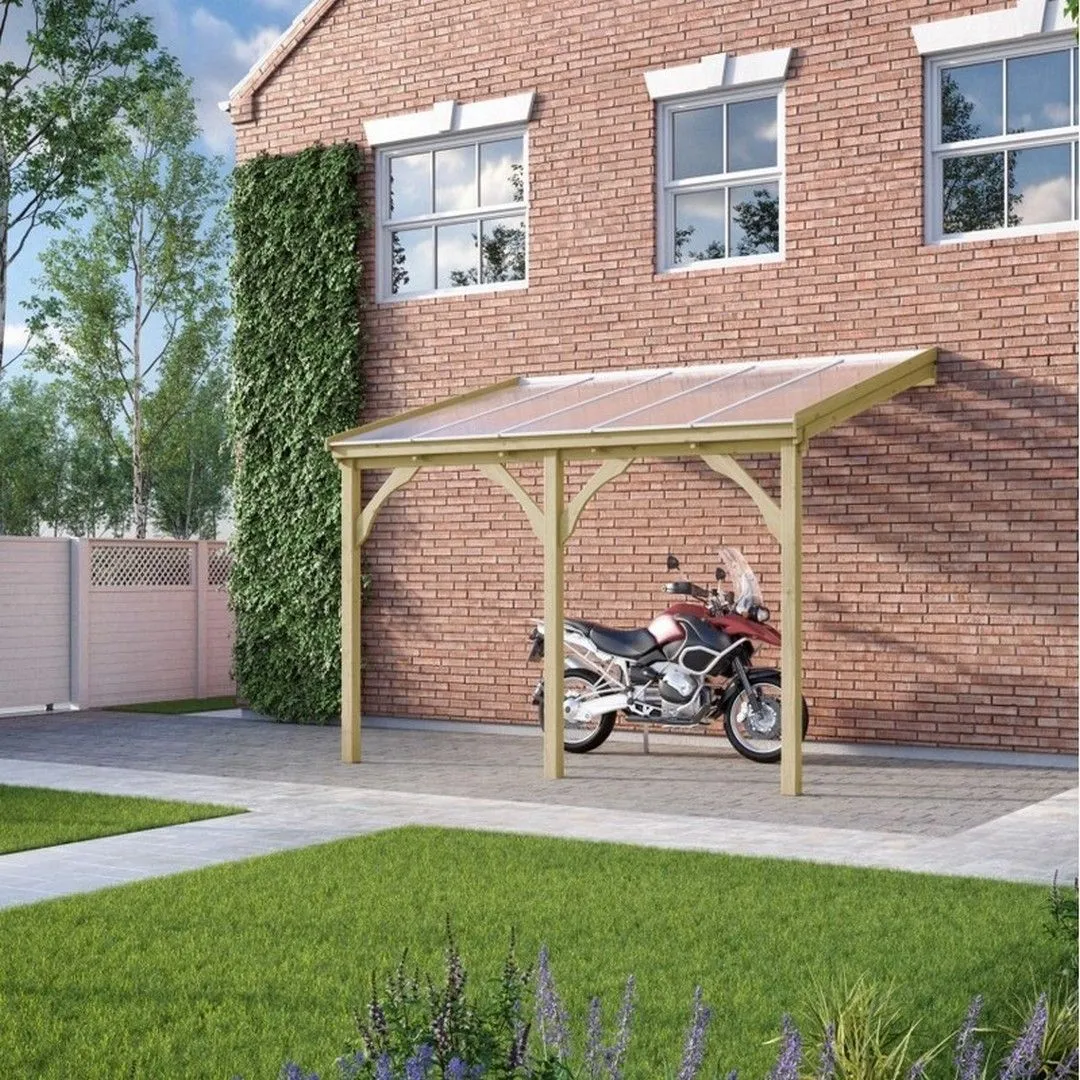 Rutland County Garden Furniture Ltd Polycarbonate Roof Car Port 3 Post, Wood, L350 x W650 cm, Rustic Brown in Light Green
