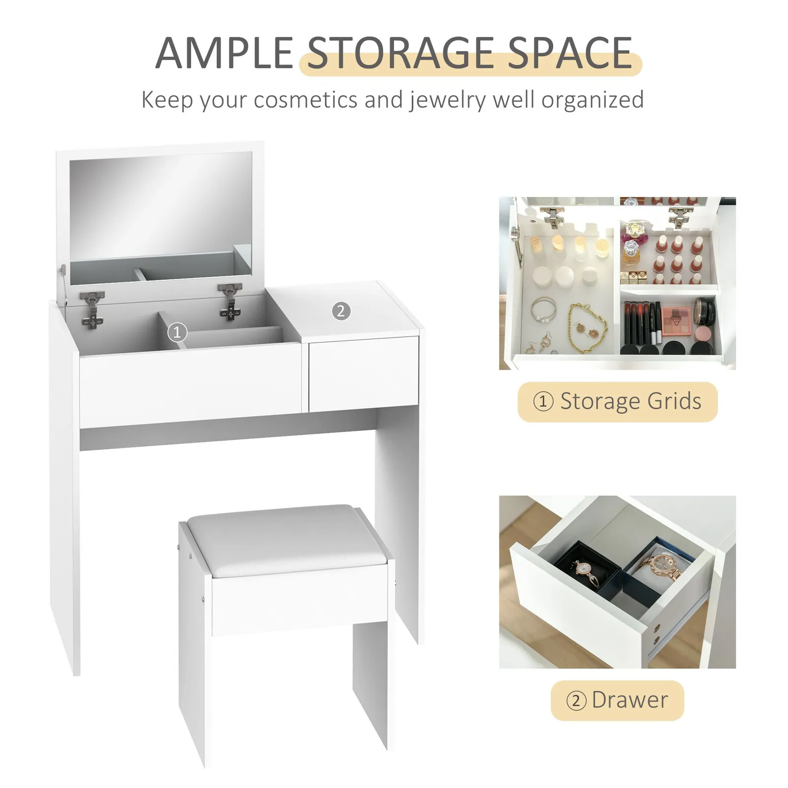 HOMCOM Dressing Table Set Cushioned Stool Flip-up Mirror Drawer Chipboard in White 6