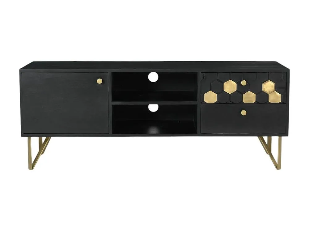 Vente-unique TV Stand With 1 Door, 2 Drawers, & 2 Shelves In Mango Wood & Metal in Black 4
