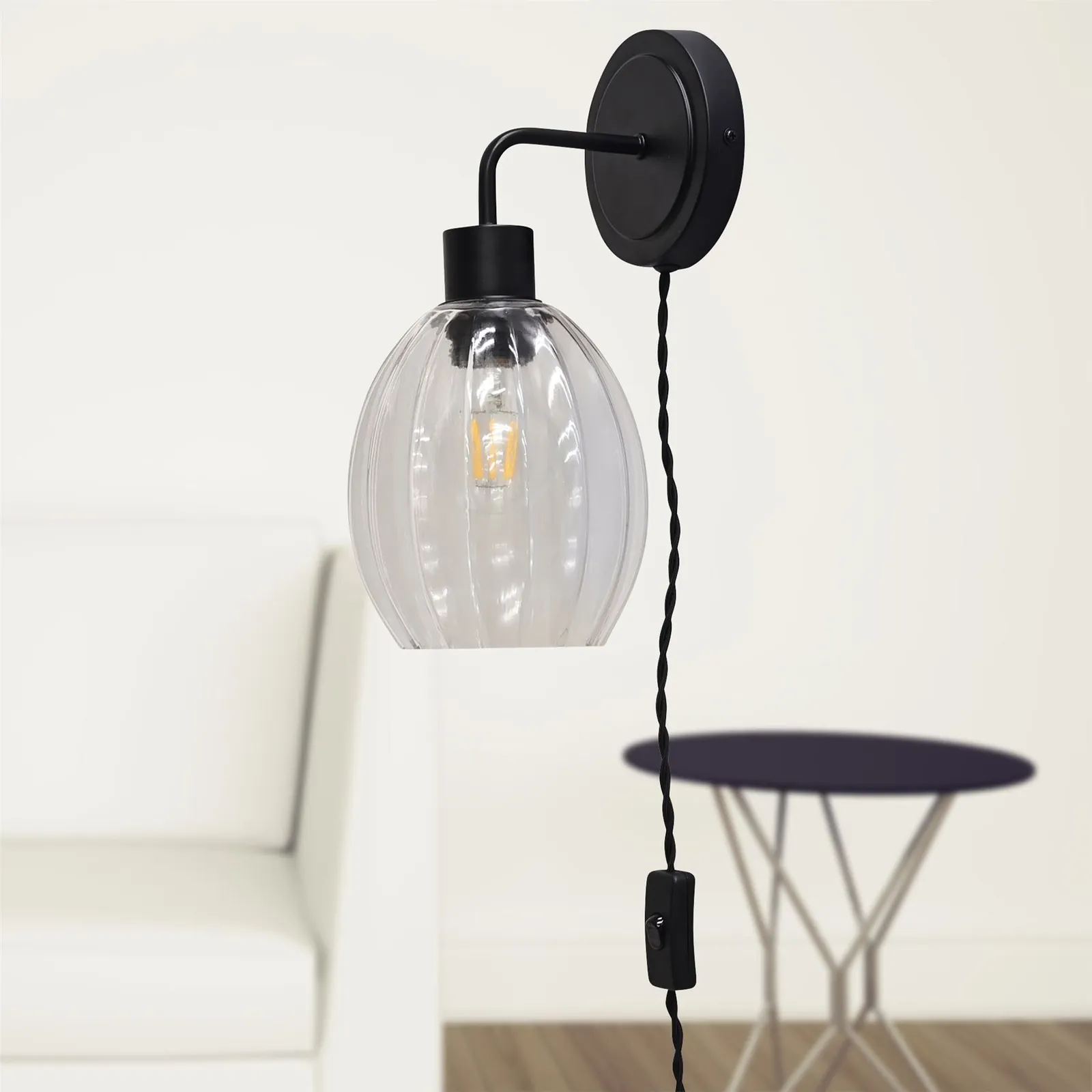 First Choice Lighting Toby - Black Plug in Wall Light with Birch Fluted Glass Shade 4