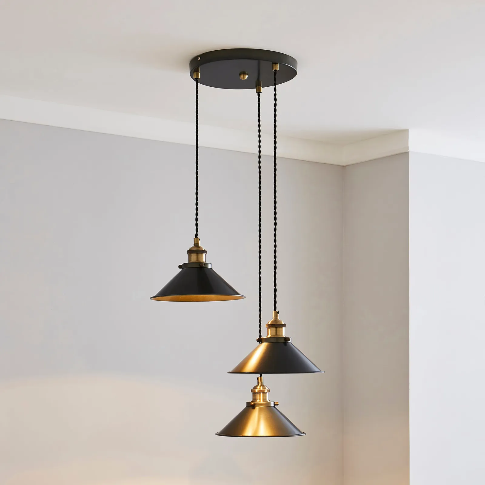Logan 3 Light Grey Industrial Cluster Ceiling Fitting Brass and Black