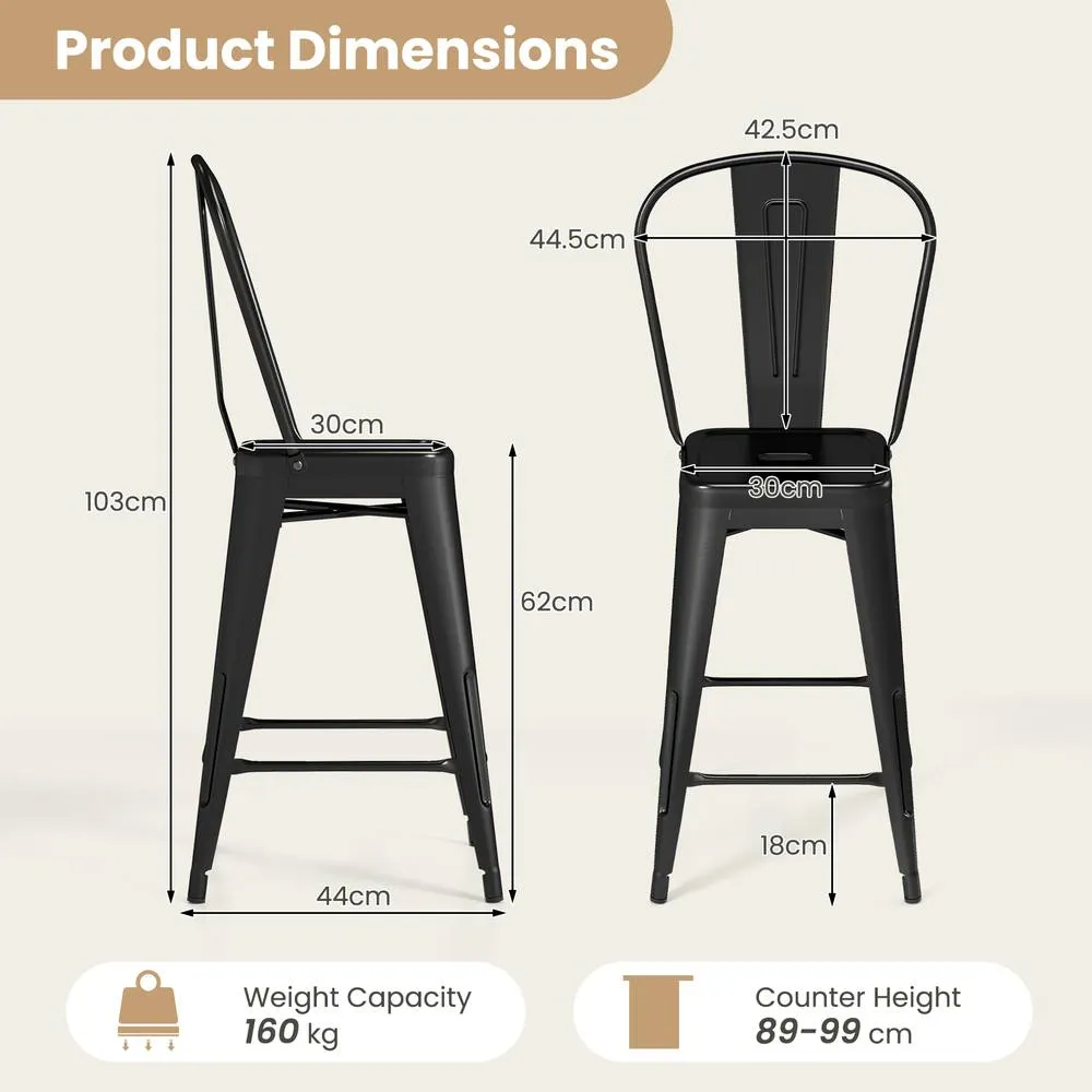 Costway 62 cm Counter Height Barstools with Backrests & Footrests in Black 2