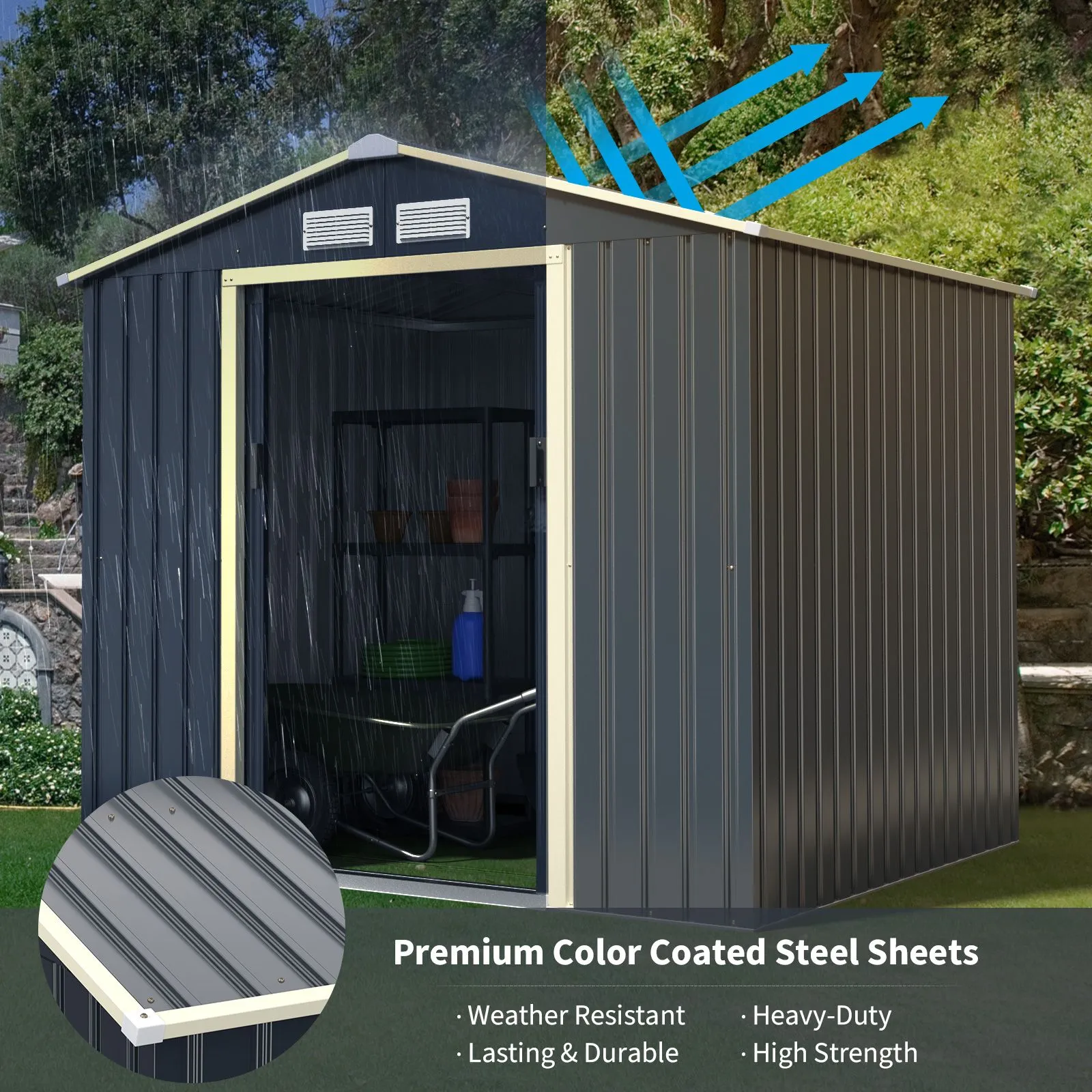 Costway 7x4ft Metal Storage Shed & Extension Kit Lockable Tool Storage House in Grey 4