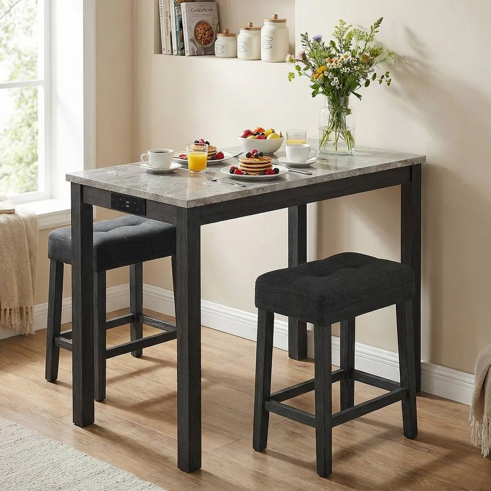 Costway Set of 3 Faux Marble Bar Table Set w/Charging Station&2 Padded Stools in Grey