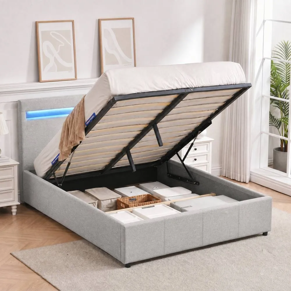 Comfy Living Ltd Fabric Modern Gas Lift Ottoman Bed Frame With LED in Light Grey 3