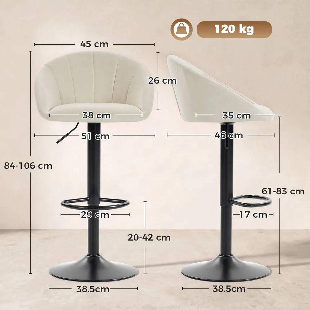 HOMCOM Bar Stools Set of 2 Velvet Adjustable Swivel in Cream 3