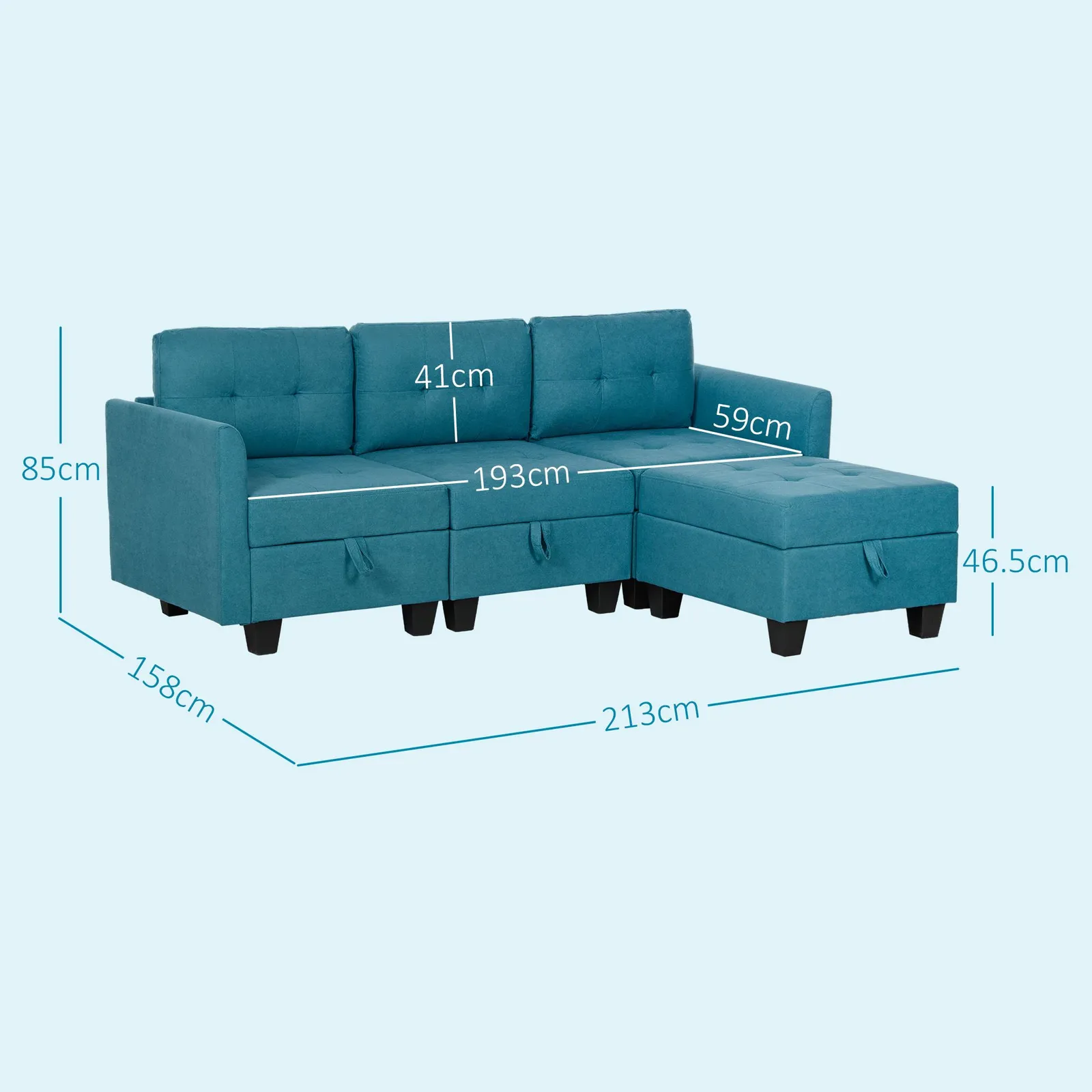 HOMCOM Convertible Modular Sectional Sofa w/ Storage Wood Frame Light Blue 3