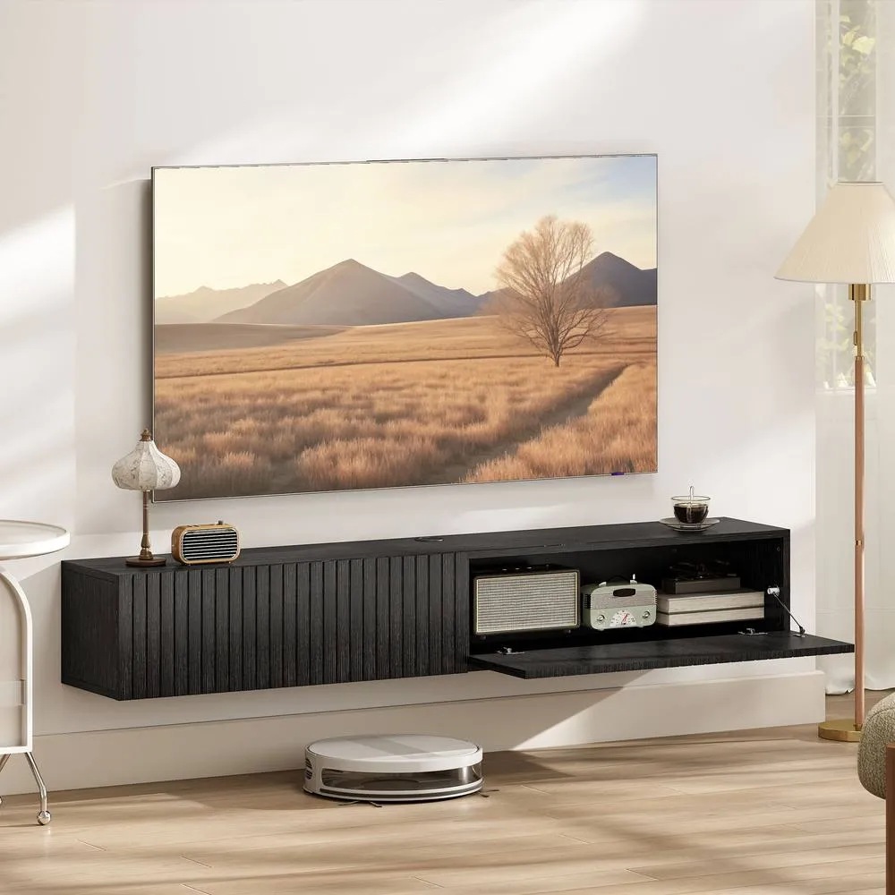 HOMCOM Wall Mount TV Stand Cabinet with Fluted Flip-Down Doors in Black