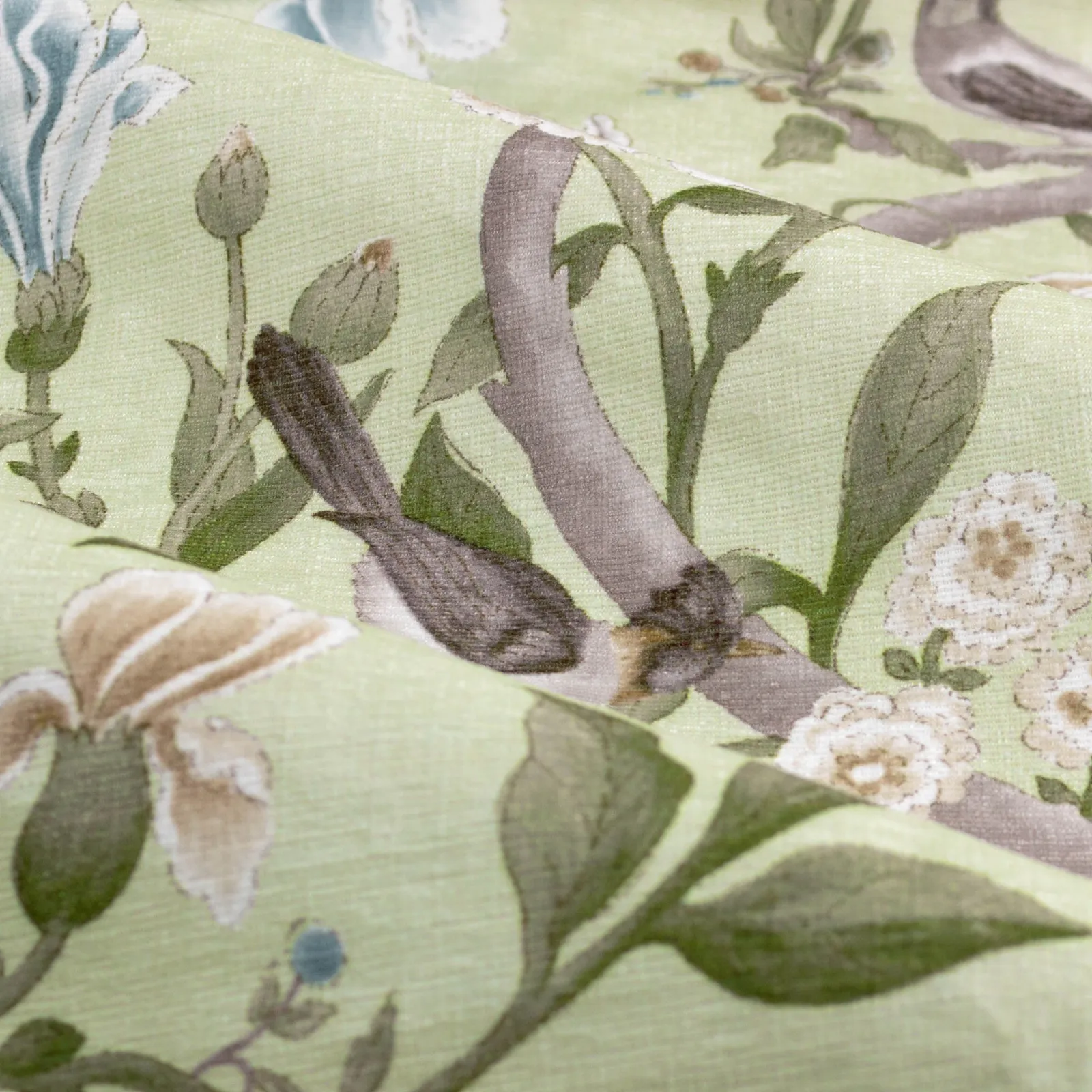 Sanderson Porcelain Garden Printed Chenille Room Darkening Pencil Pleat Curtains in Light Green 5