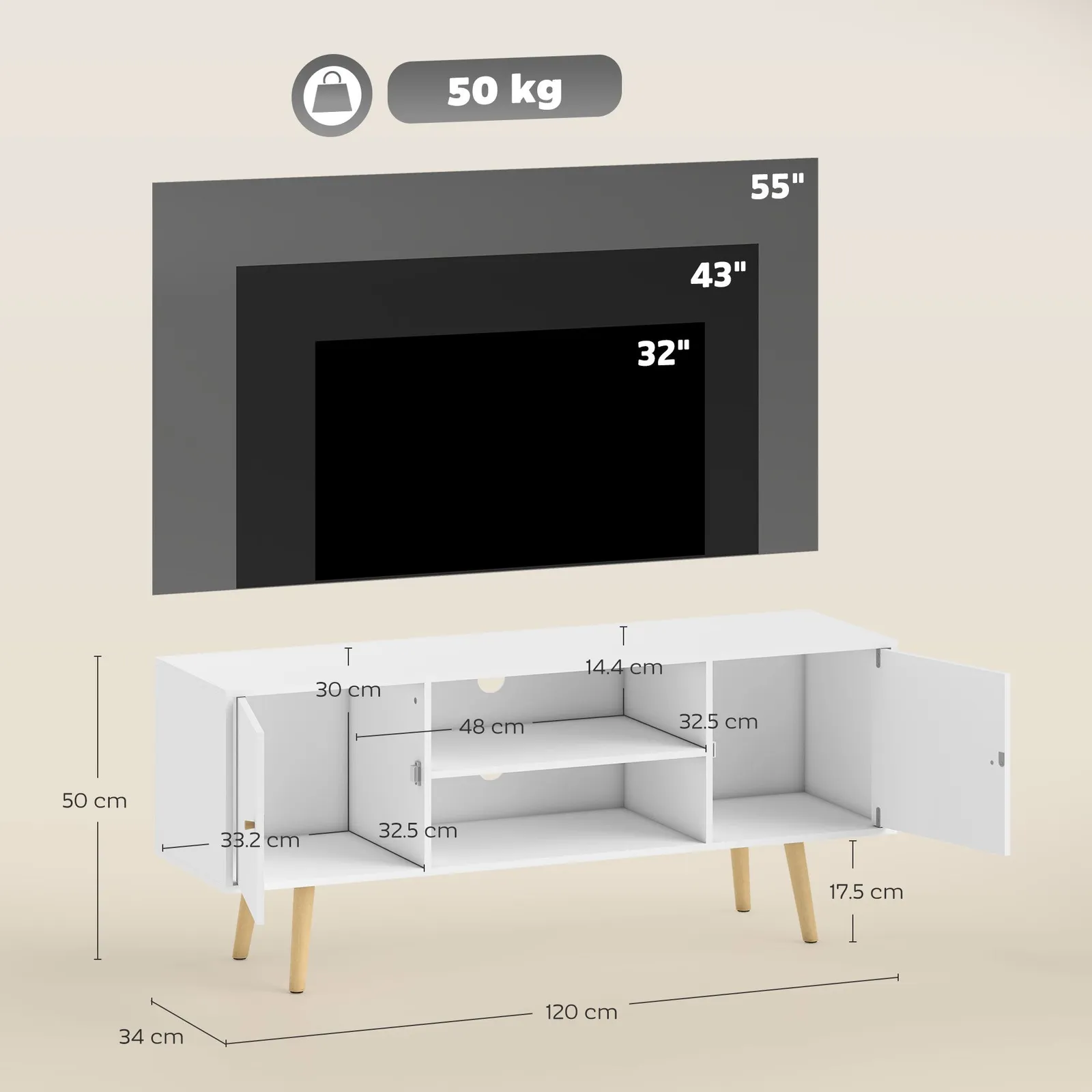 HOMCOM TV Stand Cabinet with Cable Management & Wood Legs Living Room in White 3