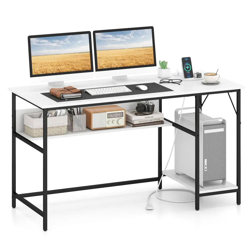 Costway 140 x 60 CM Computer Desk w/ Charging Station & 4 Power Outlets in White 3