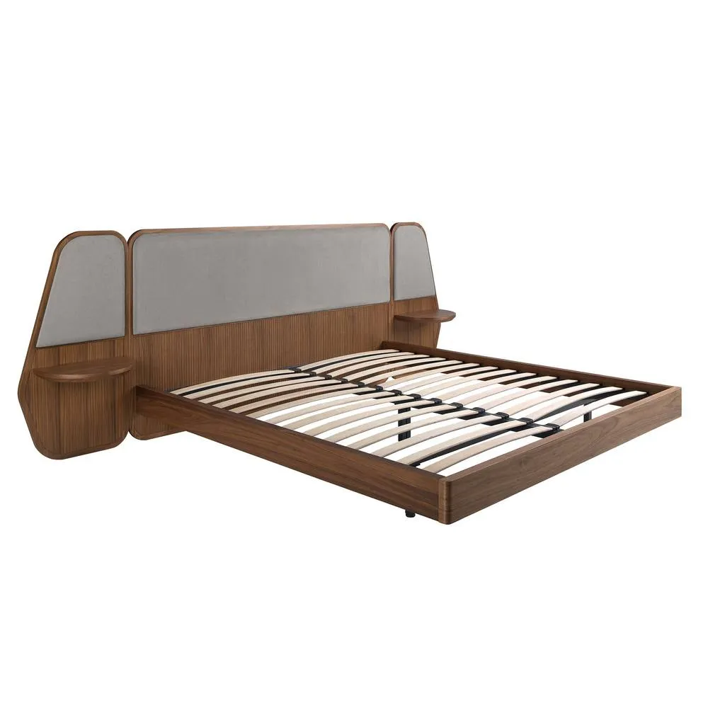 Angel Cerda Walnut Veneer Double Bed with Grey Fabric Headboard