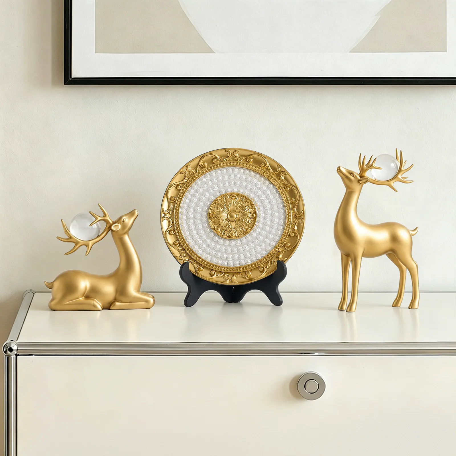 3PCS Golden Deer Figurine with Decorative Plate Set Luxury Resin Animal Sculptures