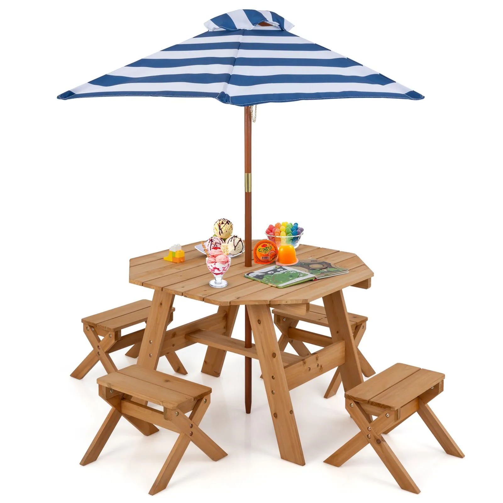 Costway Wooden Octagon Table Set Picnic Table & 4 Chairs with Umbrella in Natural