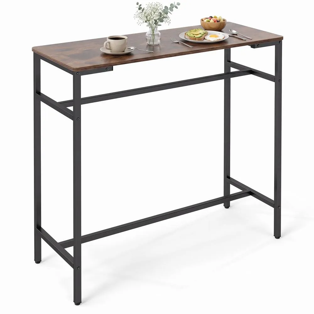 Costway 100 cm Long Bar Table Industrial Counter Height Table With Footrest in Brown