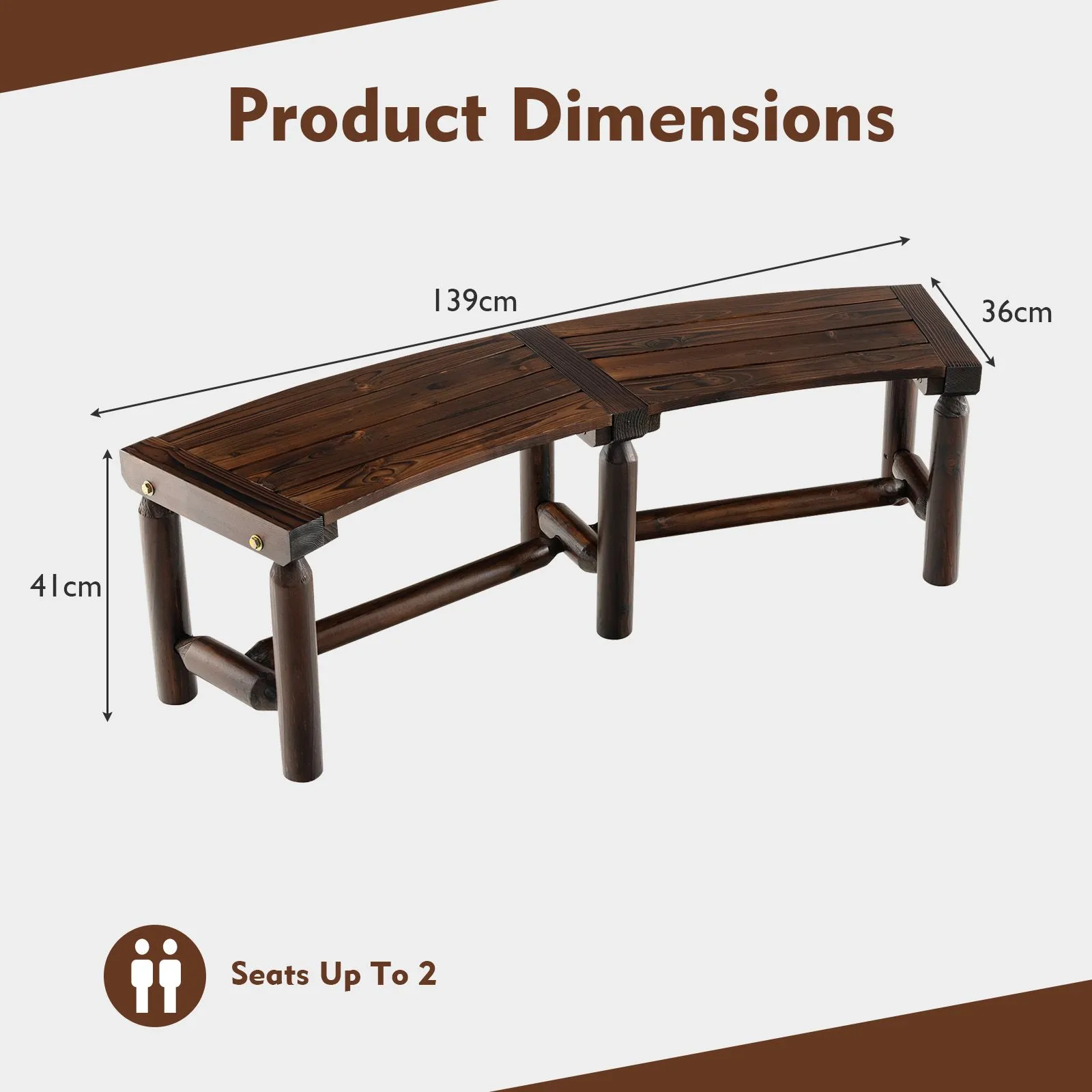 Costway Garden Curved Bench Patio Carbonized Wood Dining Bench Loveseat Slatted Seat in Brown 3