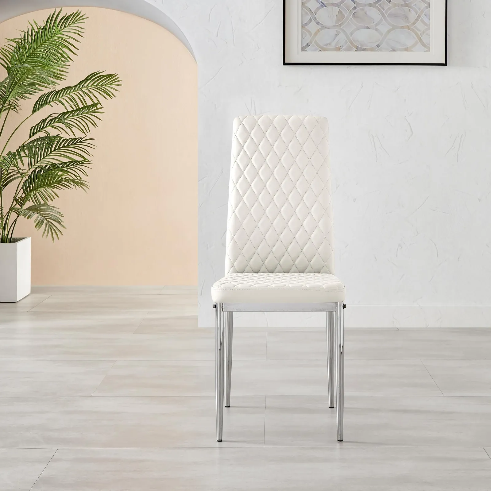 FurnitureboxUK Set of 6 Milan High Back Soft Touch Diamond Pattern Faux Leather Dining Chairs With Silver Chrome Metal Legs in White 5