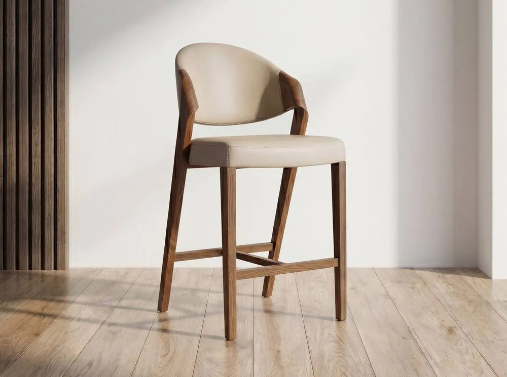 Angel Cerda Leatherette Stool with Walnut Legs in Beige 3