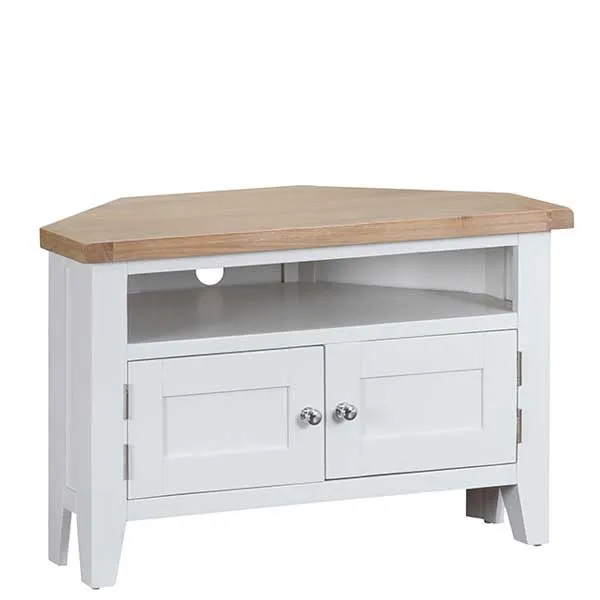 Althorp Solid Oak Topped Corner TV Unit - Chromed Door Knobs - W100 x D50 x H65cm