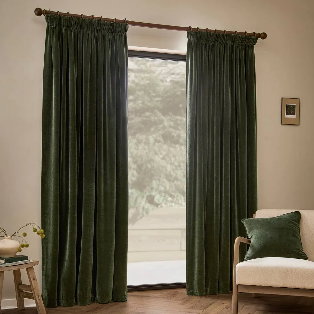 Yard Heavy Chenille Velvet Fully Lined Pencil Pleat Curtain Pair in Bottle Green 4