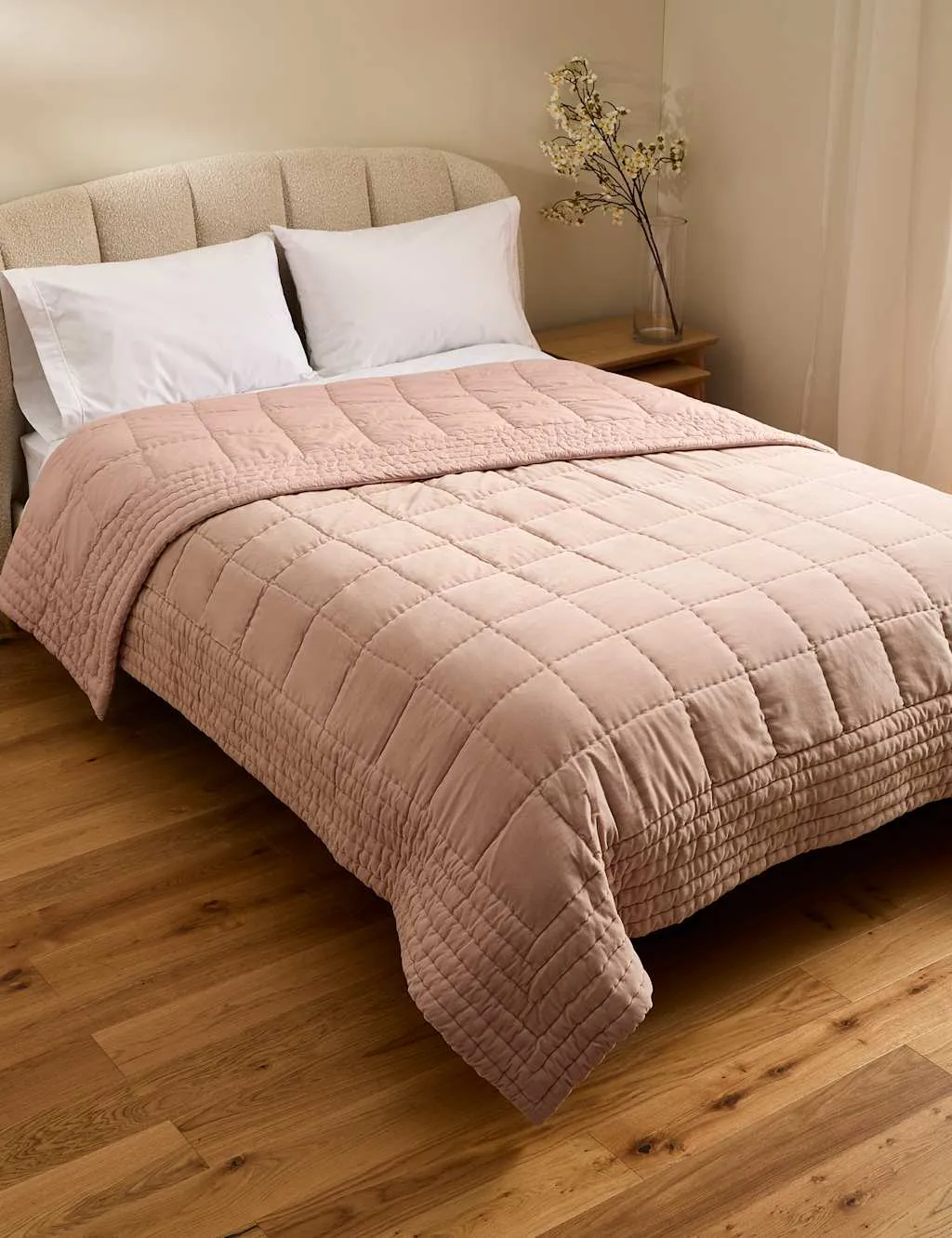 M&S Pure Cotton Velvet Bedspread Pink