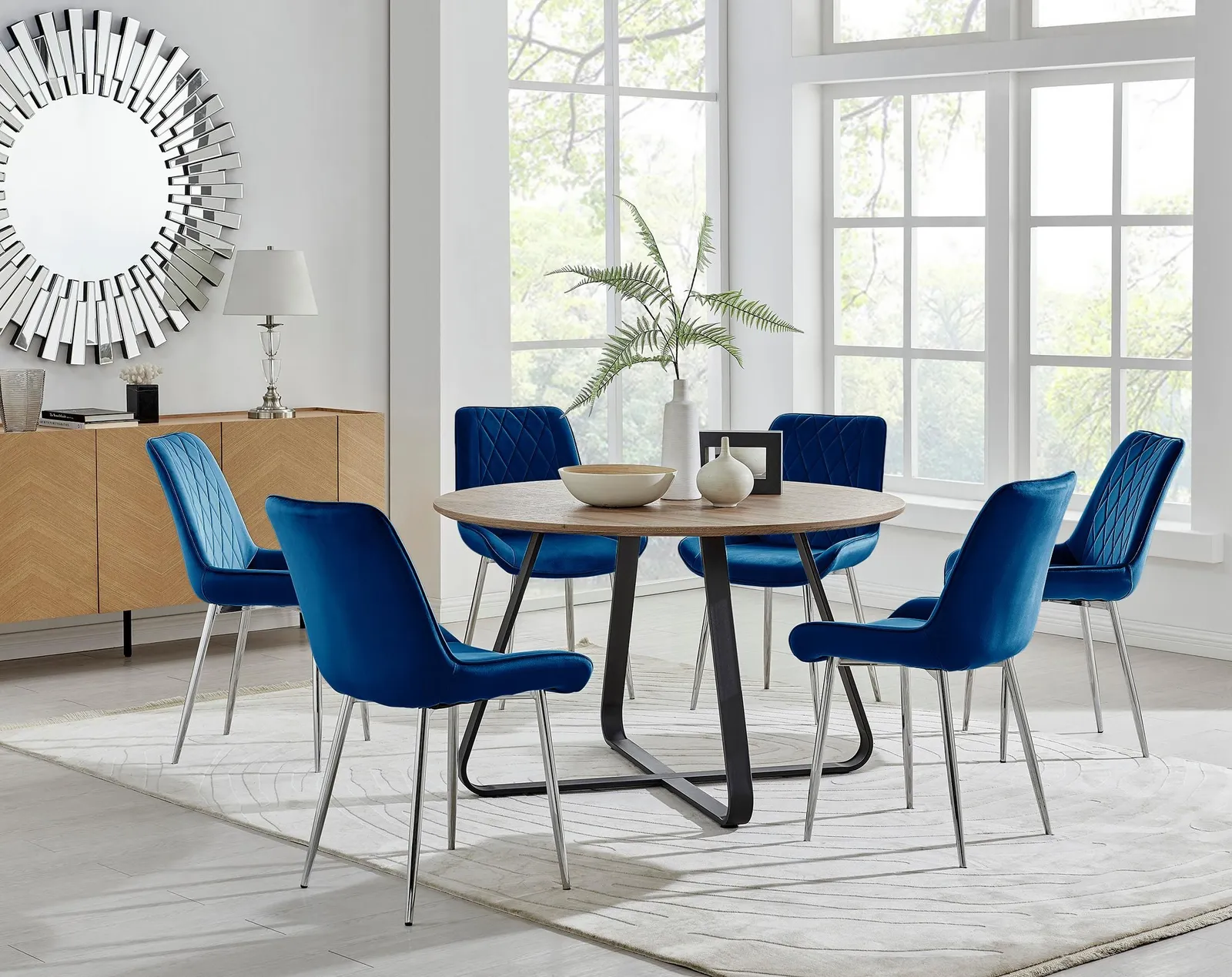 FurnitureboxUK Santorini Brown Round Dining Table & 4/6 Pesaro Silver Leg Chairs in Navy 1