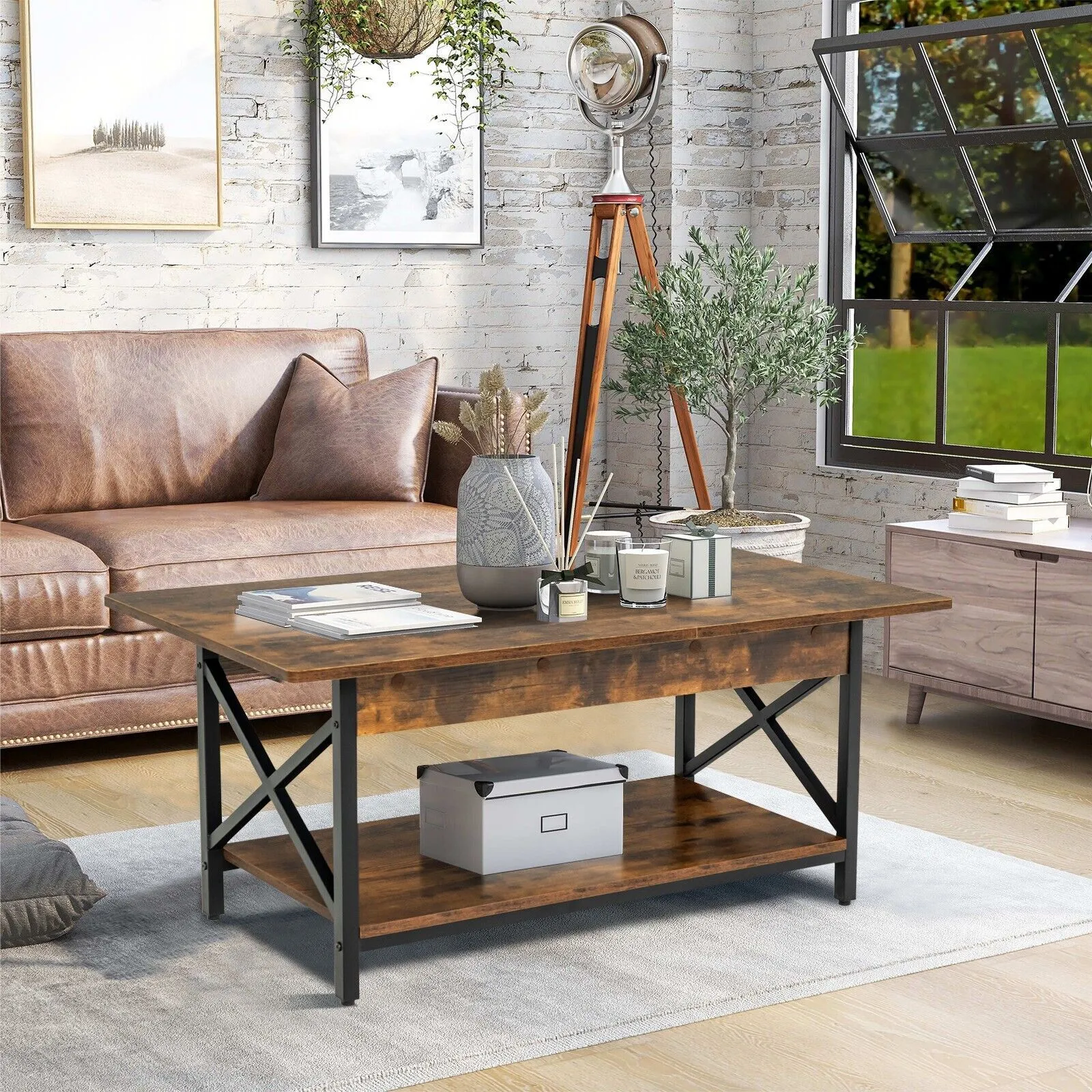 Costway 2-Tier Industrial Coffee Table Home Cocktail Tea Side Table with Storage Shelf in Brown 4