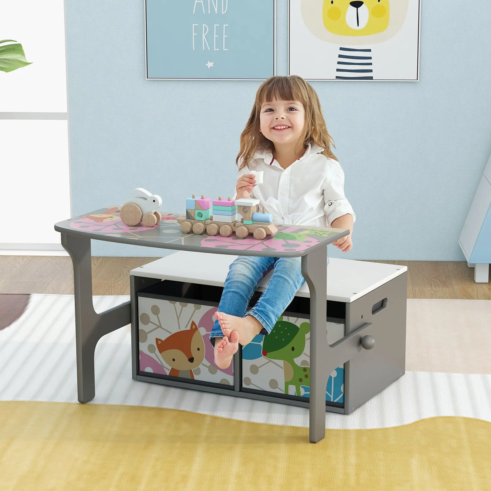 Costway 3-in-1 Convertible Activity Bench Table Chair Set Toy Storage in Grey 2