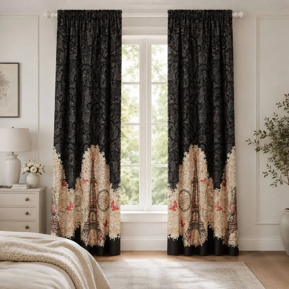 Smart Living Oooh La La Curtains Pair with Tie Backs - Eiffel Tower Print in Black 1