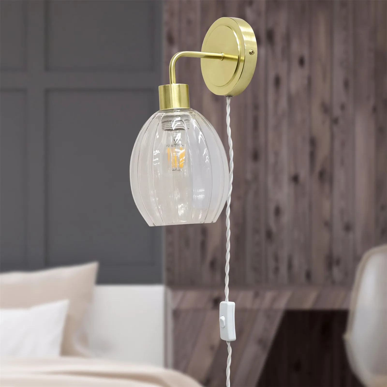First Choice Lighting Toby - Satin Brass Plug in Wall Light with Birch Fluted Glass Shade in Gold 3