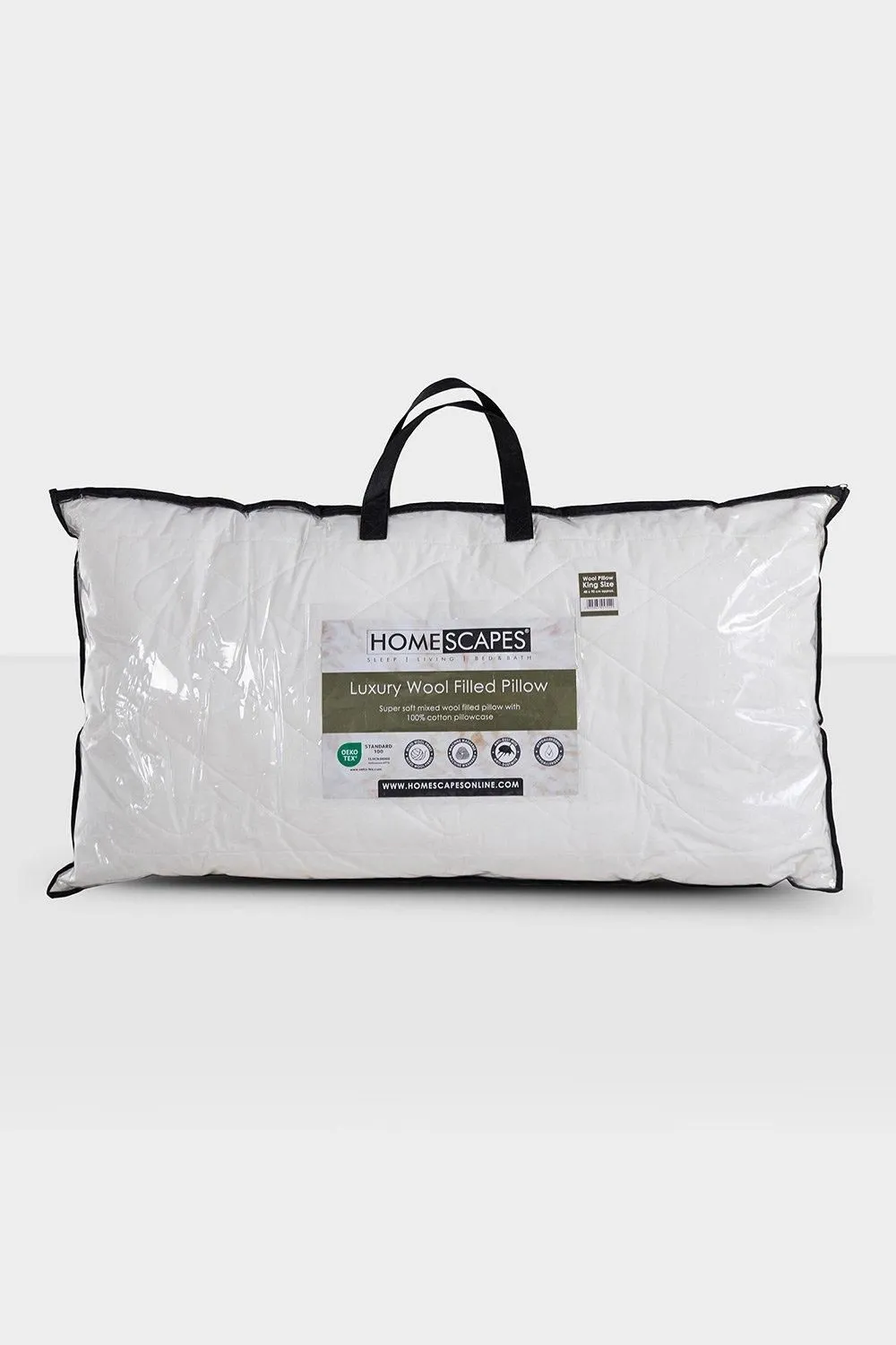 Homescapes Premium Wool King Size Pillow with Quilted Case, 19 x 35" in White