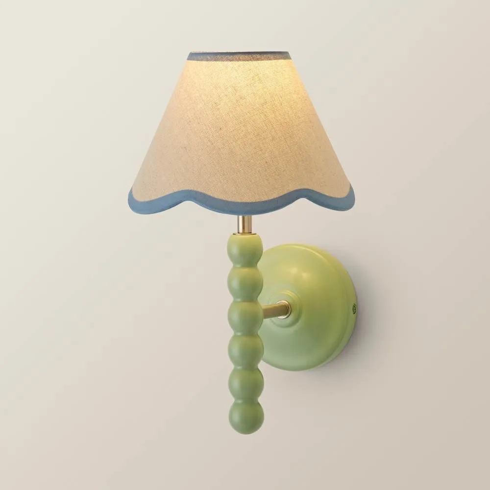 ValueLights Bobbins Sage Green Bobble Wall Light & Linen Pastel Trim Lamp Shade in Pale Blue 3