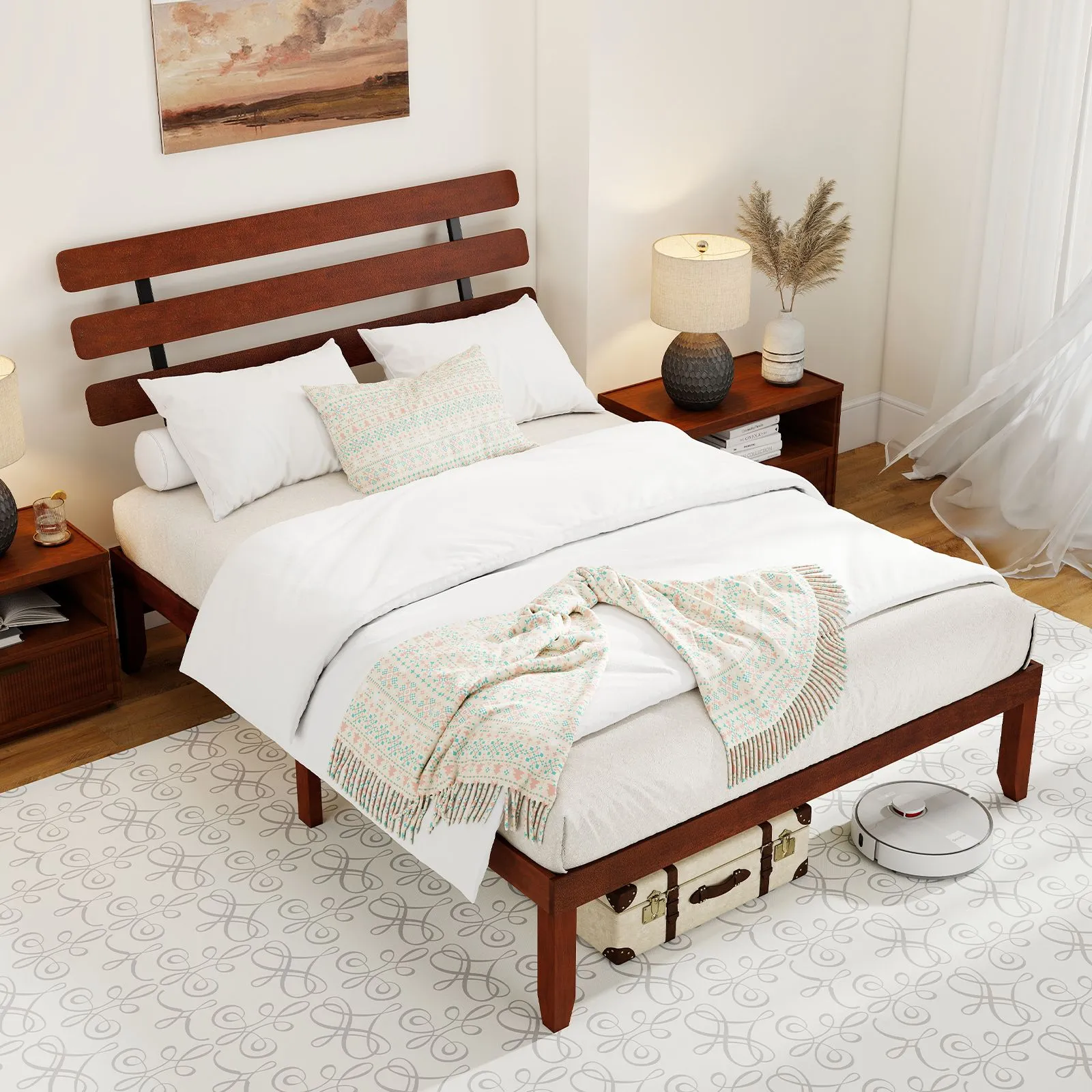 Costway King Size Bed Frame Solid Wood Platform Bed w/Retro Headboard in Walnut 4