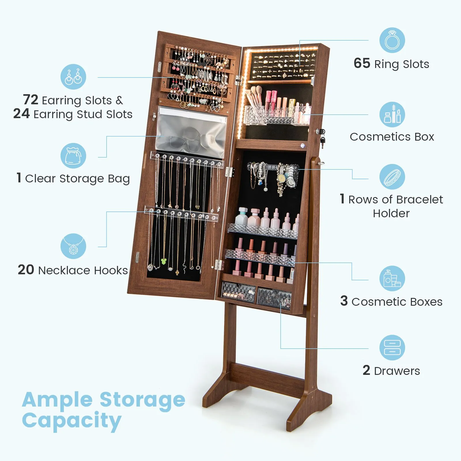 Costway Standing Jewelry Cabinet Lockable Jewelry Armoire w/ LED Lights in Brown 5