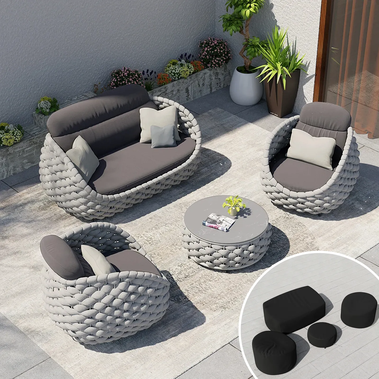 Cocaro 8-Piece Outdoor Rope Weave Sofa Set with Black Cover in Gray