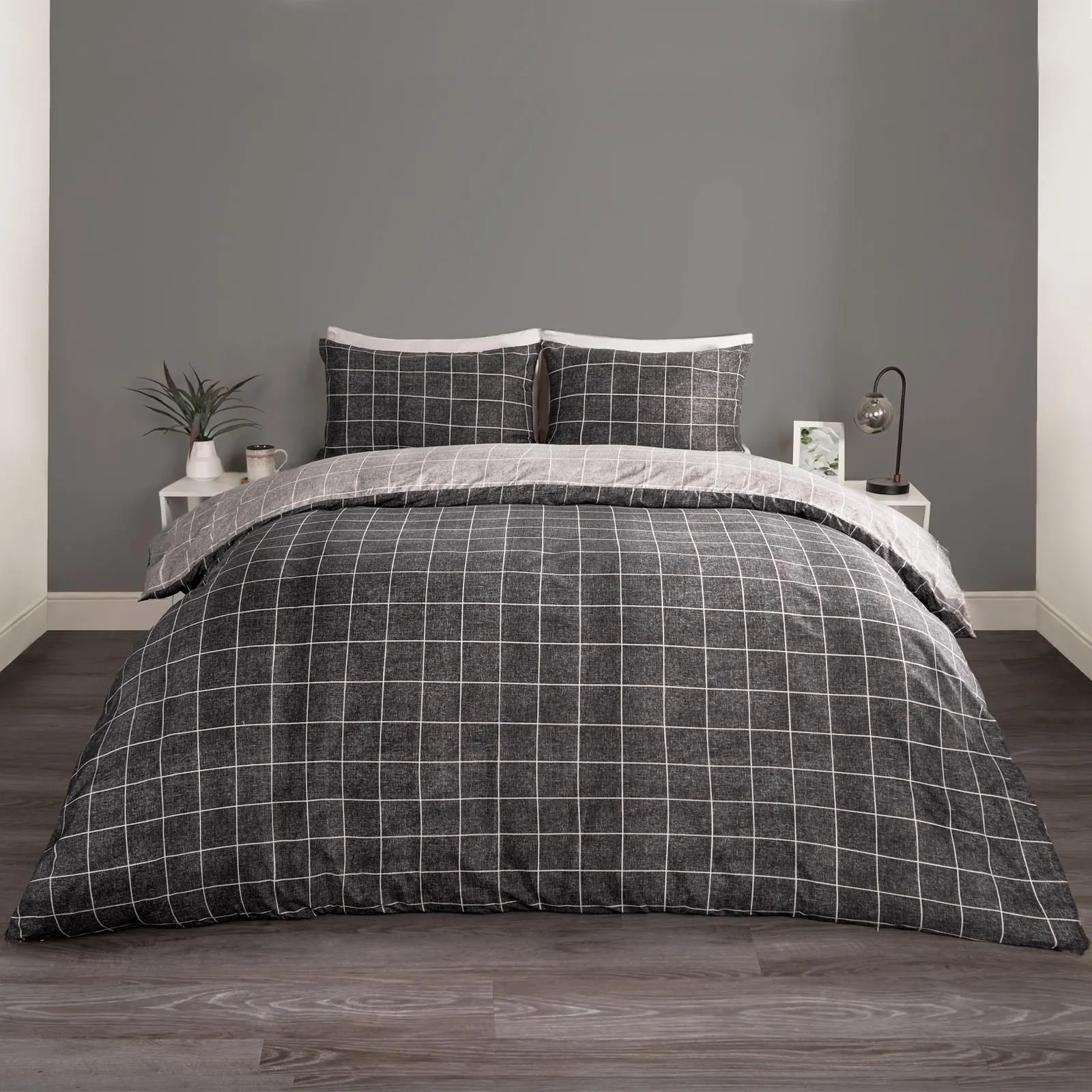 OHS Check Duvet Cover Bedding Set Quilt Pillowcase in Black